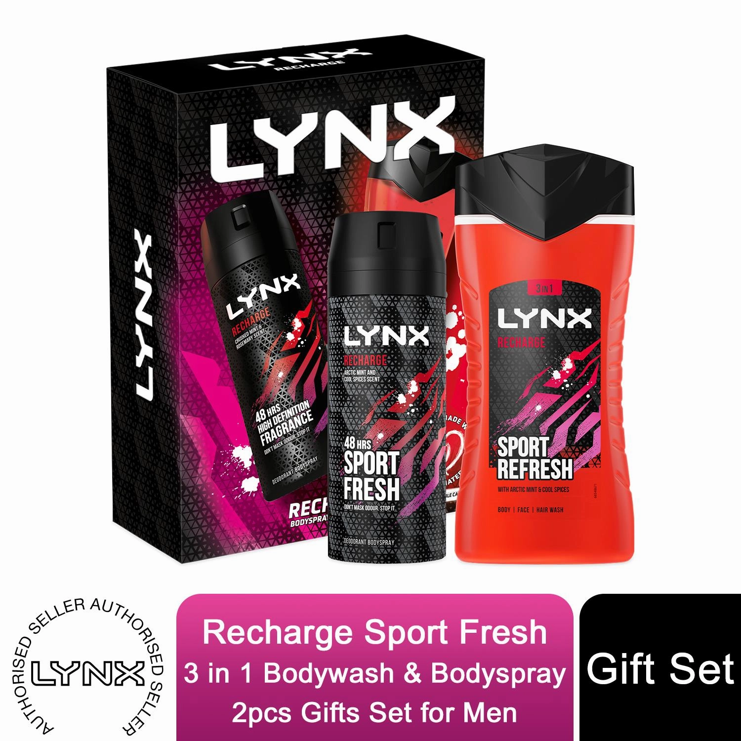 Lynx Recharge Sport Fresh 3 in 1 Bodywash & Bodyspray 2pcs Gifts Set For Men