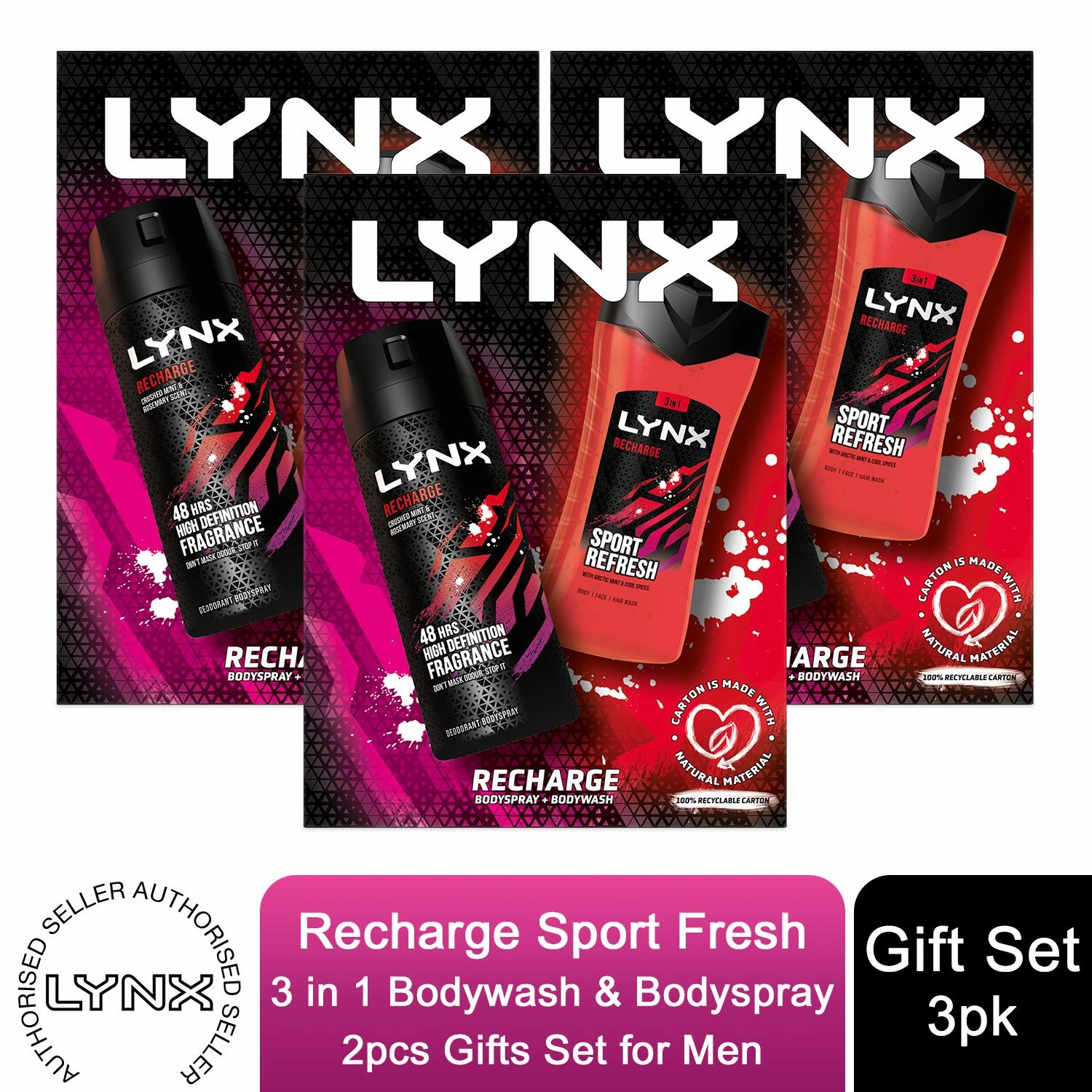 Lynx Recharge Sport Fresh 3 in 1 Bodywash & Bodyspray 2pcs Gifts Set For Men
