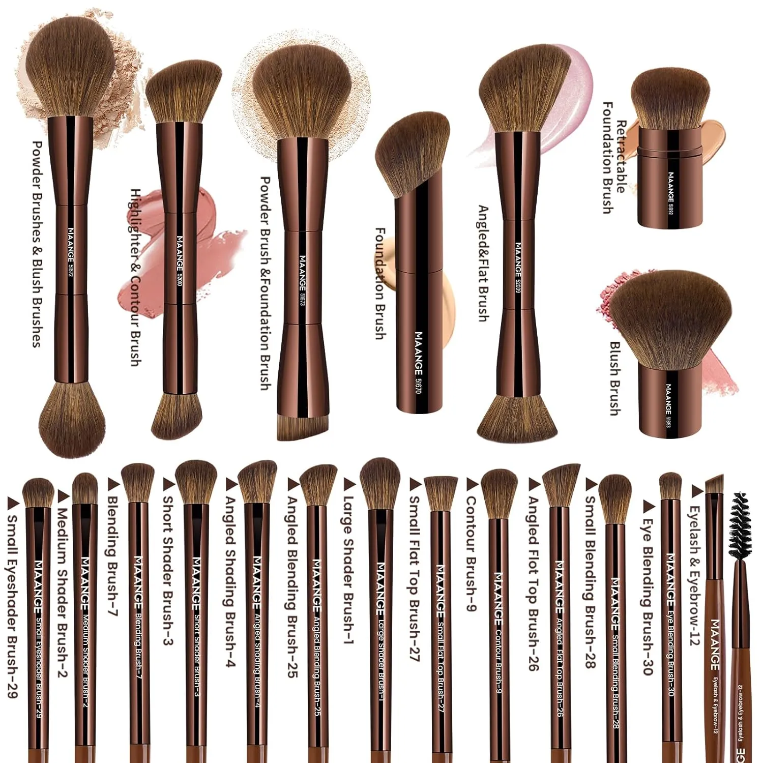 MAANGE 20 Pcs Makeup Brushes with Gift Box, Double-End Multi-functional Makeup Brushes for Blending Liquid Powder Concealer Cream Blush Buffe,Dark Brown