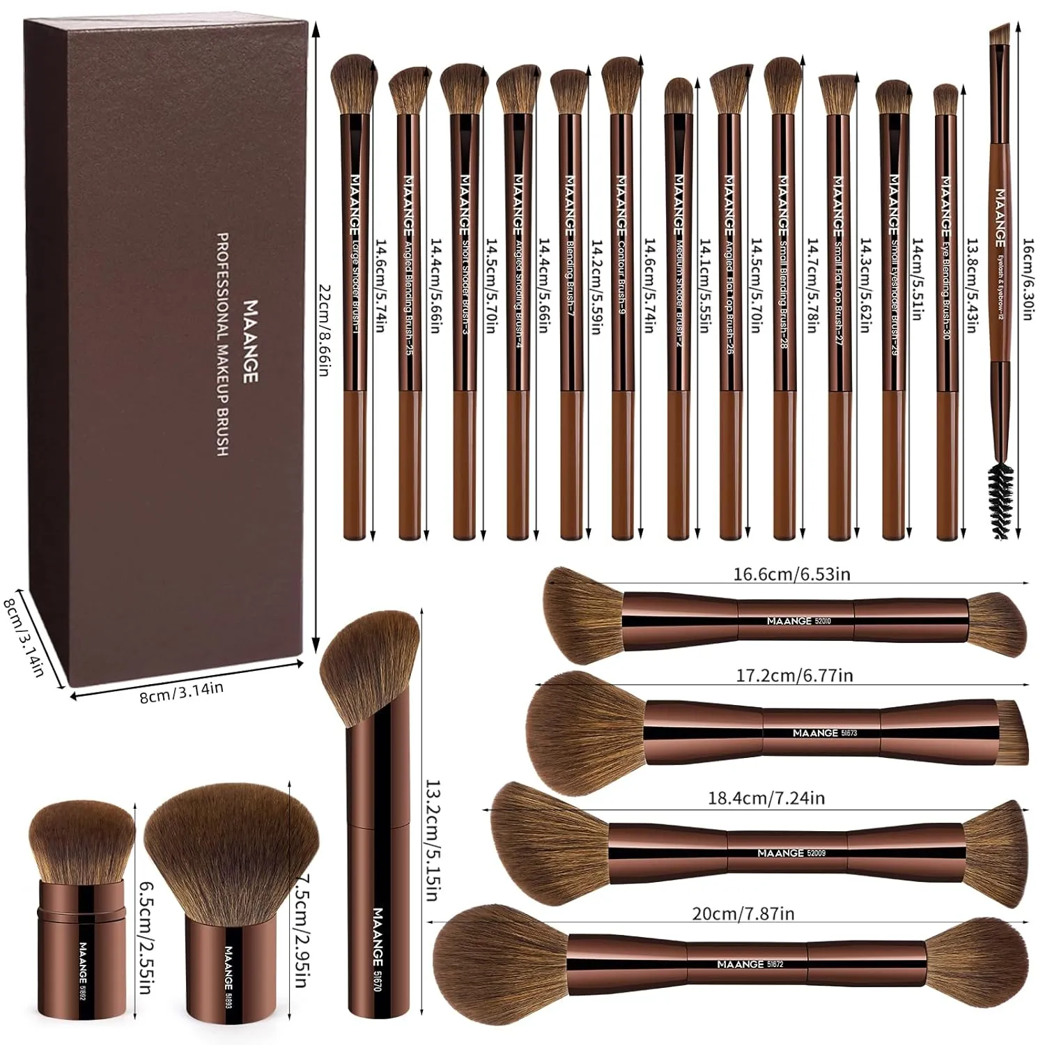 MAANGE 20 Pcs Makeup Brushes with Gift Box, Double-End Multi-functional Makeup Brushes for Blending Liquid Powder Concealer Cream Blush Buffe,Dark Brown