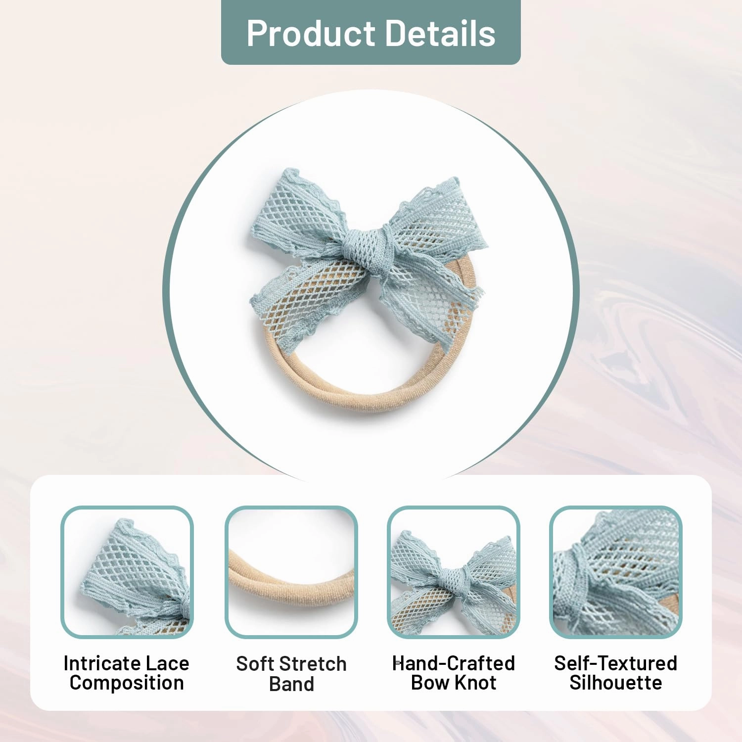 Mae Lattice Lace Baby Headband - Powder Blue | Sweet Hand-Crafted Bow Knot with Intricate Lace & Soft Stretch Band for Style and Comfort