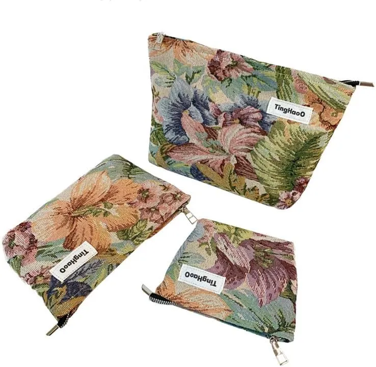 Makeup Bag Flowers Travel Cosmetic Bag Organizer Floral Toiletry Bag Make Up Bags with Zipper Travel Bag for Girls (3 Pics)