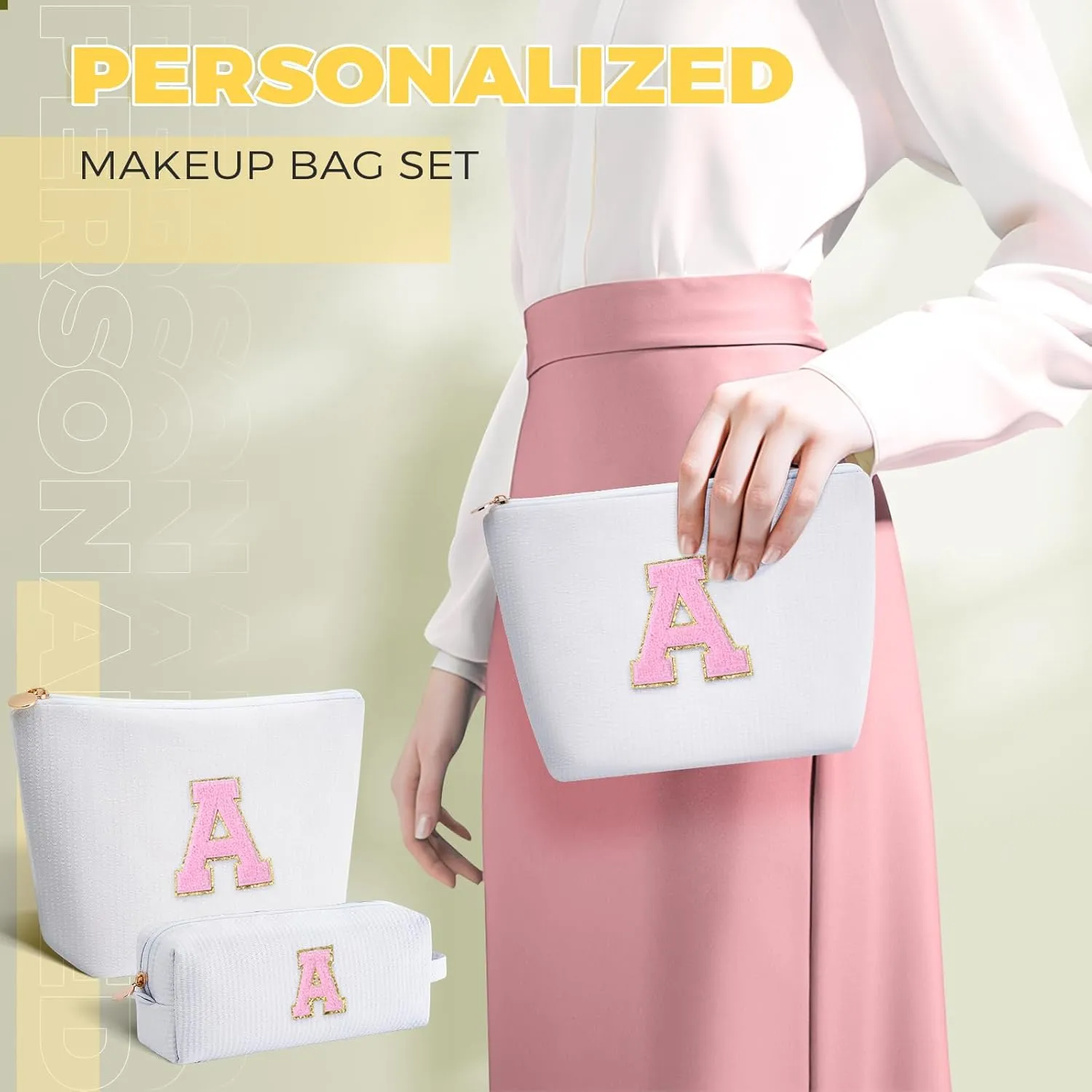 Makeup Bag Set Initials Cosmetic Bag,Gifts for 10 11 12 13 14 15 16 17 18 Years Old Girl Girlfriend Teen Girls Gift Trendy Stuff Personalized Toiletry Bag Travel - White,A