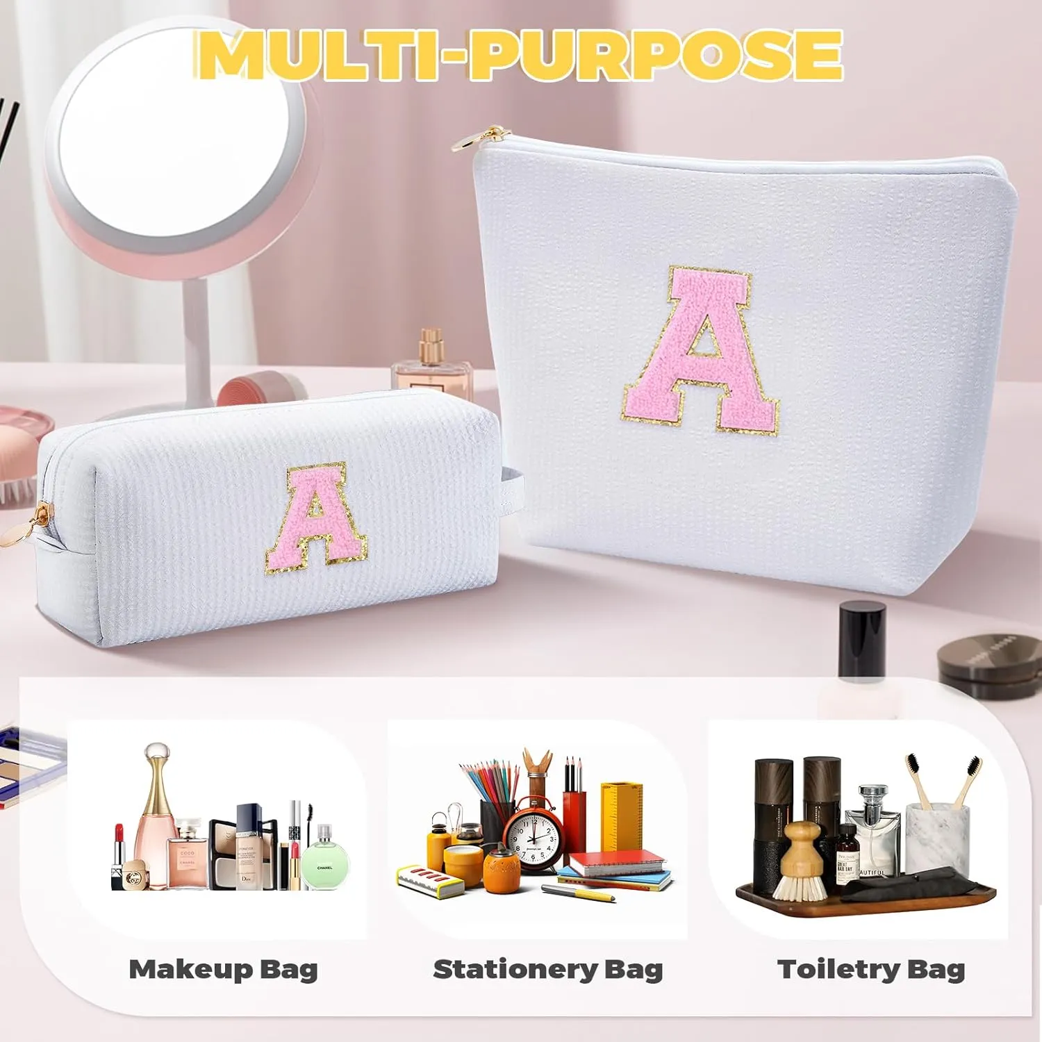 Makeup Bag Set Initials Cosmetic Bag,Gifts for 10 11 12 13 14 15 16 17 18 Years Old Girl Girlfriend Teen Girls Gift Trendy Stuff Personalized Toiletry Bag Travel - White,A
