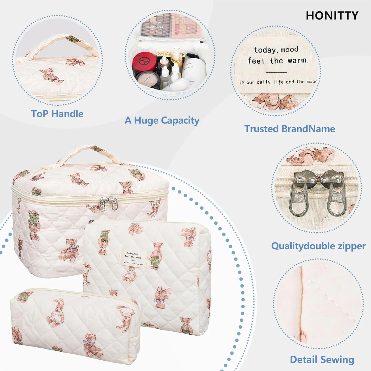 Makeup Bag,Quilted Cosmetic Bag,Large Floral Make Up Bag for Women,Cotton Makeup Bag Set,Flower Travel Toiletry Bag