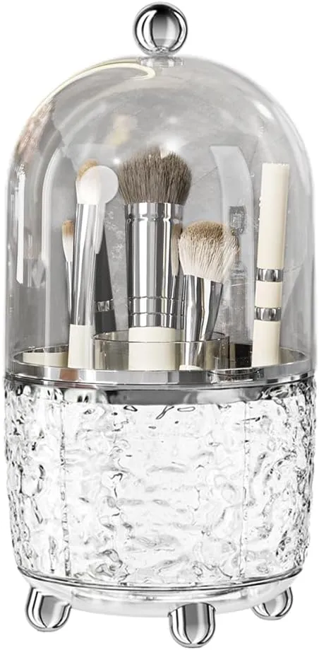 Makeup Brush Holder with Lid, 360° Rotating Cosmetic Tools Organizer with Cover, Dustproof Spinning Makeup Brush Organizer for Vanity, Ideal Gift for Girlfriend Wife Friends (Clear)