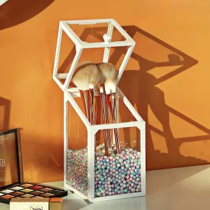 Makeup Brush Holder with Lid, Vintage Glass Makeup Brush Organizer Storage Box with Colorful Pearls for Vanity Dresser - Ideal for Eyebrow Pencils, Eyeliners, and More （White, Square）