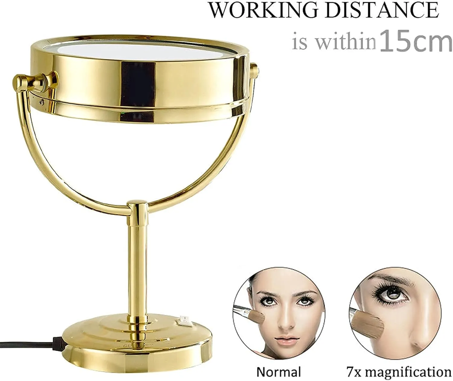 Makeup Mirror with Light and Magnification 8 Inch Gold Finished Double Sided Countertop Vanity Mirrors 360&Deg; Rotation Brass Led Lighted Cosmetic Mirror 3X (Color : 7X)