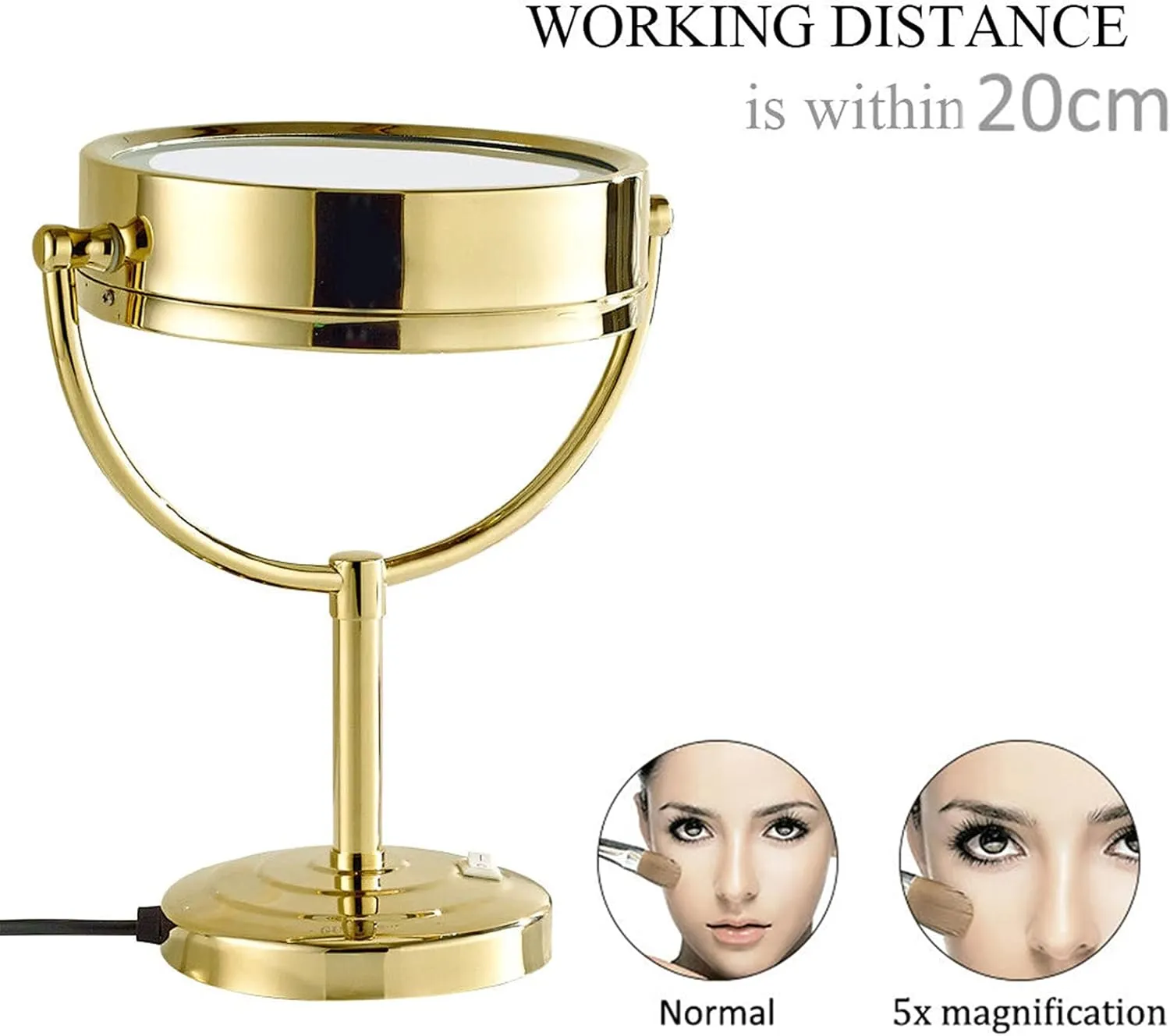 Makeup Mirror with Light and Magnification, 8 Inch Gold Finished Double Sided Standing Vanity Mirrors, 360° Rotation Brass LED Lighted Mirrors,5X(5X)