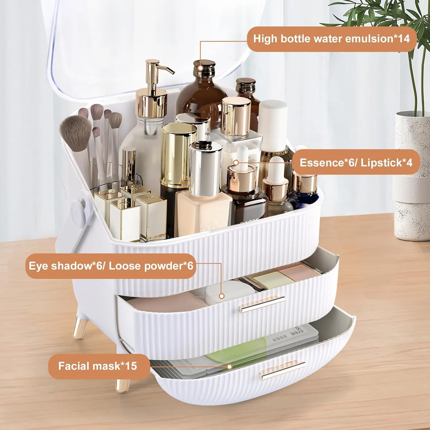 Makeup Organizer for Vanity, Make up Organizers and Storage, Cosmetics Skincare Organizers with Lid and Drawers, Cosmetic Display Cases for Countertop, Bathroom, Dresser, Ideal Gifts for Women(White)