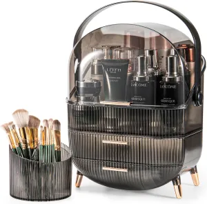 Makeup Storage Organizer Brush Holder，Clear Cover Cosmetic Display Case with Two Tier Storage Box and Brush Storage Box, SkinCare Organizers for Bathroom Countertop (Clear Gray-B)