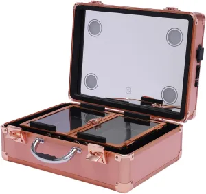 Makeup Train Case With 4 LED Lights & Mirror,Professional Cosmetic Organizer Box, Large Capacity Zoned Storage,Multi-Functional Rolling Makeup Organizer For Makeup Artist,Hairstylist (Rose Gold)