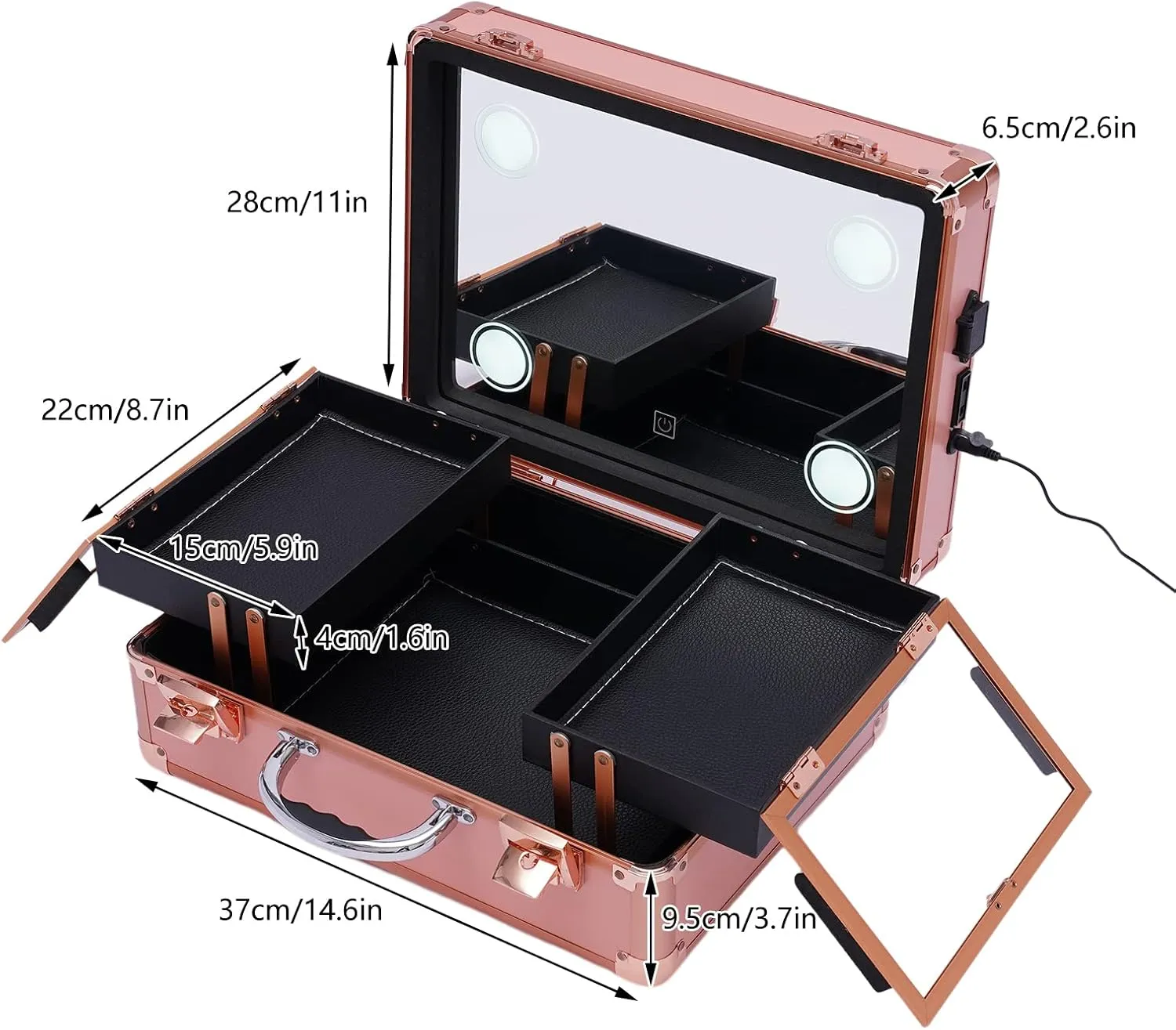 Makeup Train Case With 4 LED Lights & Mirror,Professional Cosmetic Organizer Box, Large Capacity Zoned Storage,Multi-Functional Rolling Makeup Organizer For Makeup Artist,Hairstylist (Rose Gold)