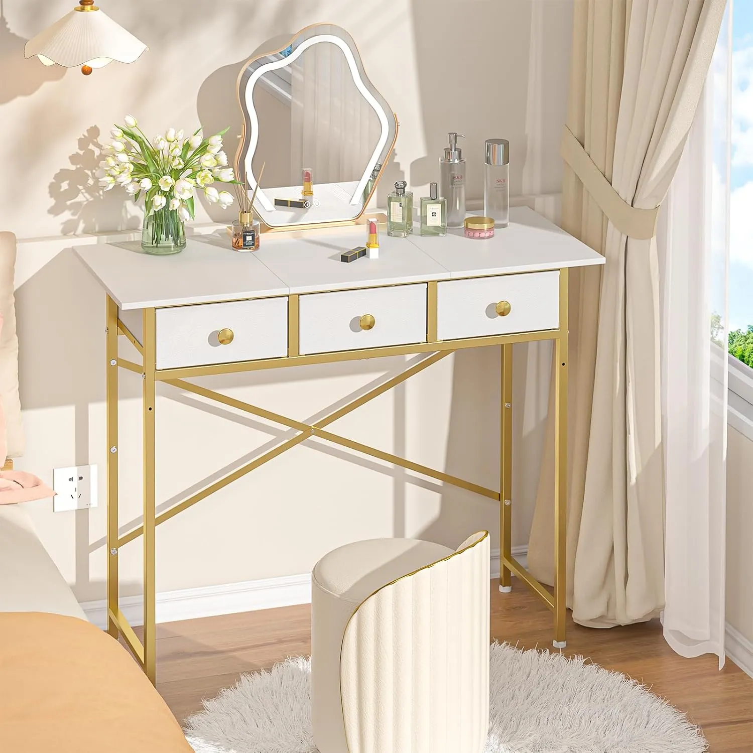 Makeup Vanity Desk No Mirror, 37.2 Inch Vanity Desk with 3 Drawers, Girls Vanity Dressing Table for Bedroom, Small Vanity for Small Spaces, White and Gold