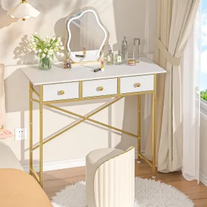 Makeup Vanity Desk No Mirror, 37.2 Inch Vanity Desk with 3 Drawers, Girls Vanity Dressing Table for Bedroom, Small Vanity for Small Spaces, White and Gold