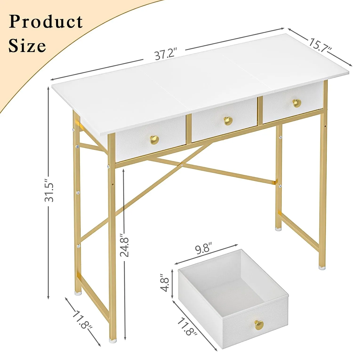 Makeup Vanity Desk No Mirror, 37.2 Inch Vanity Desk with 3 Drawers, Girls Vanity Dressing Table for Bedroom, Small Vanity for Small Spaces, White and Gold