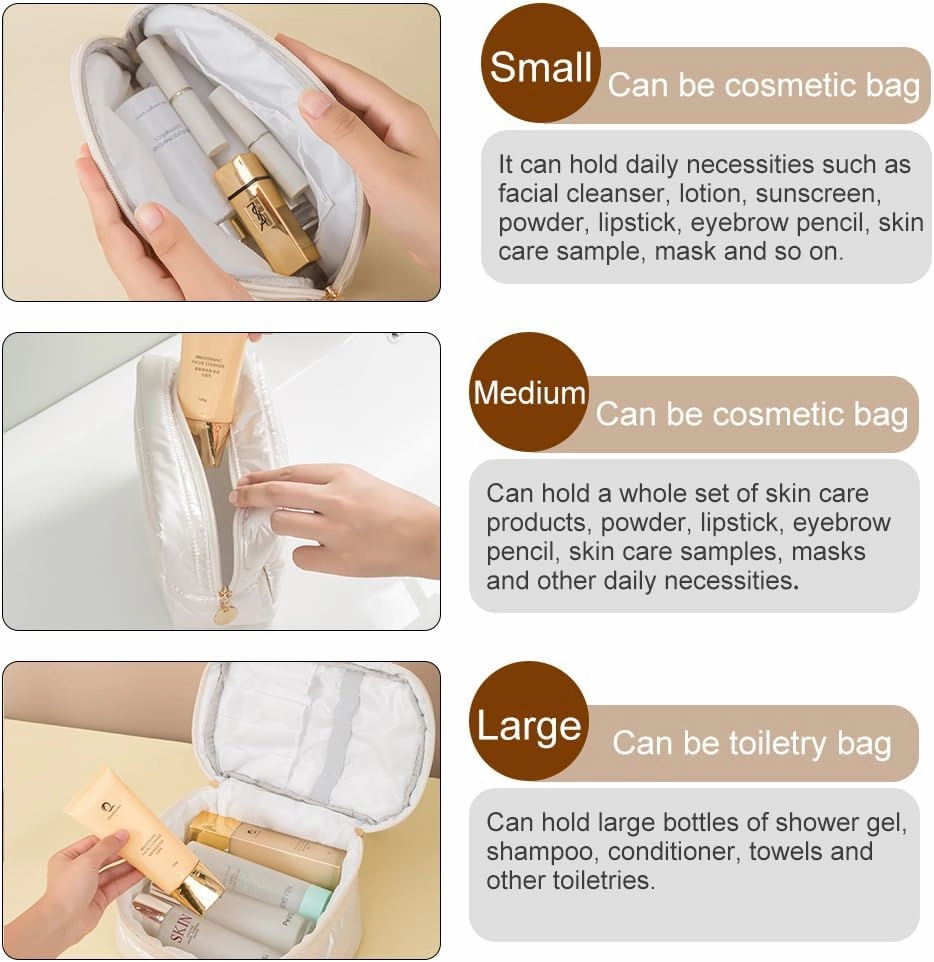 Makeup Bag 3 Pcs Cosmetic Bags Set, PU Striped Leather Toiletry Bag, Portable Waterproof Travel Makeup Organizer, Cute Make up Bags for Women and Girls