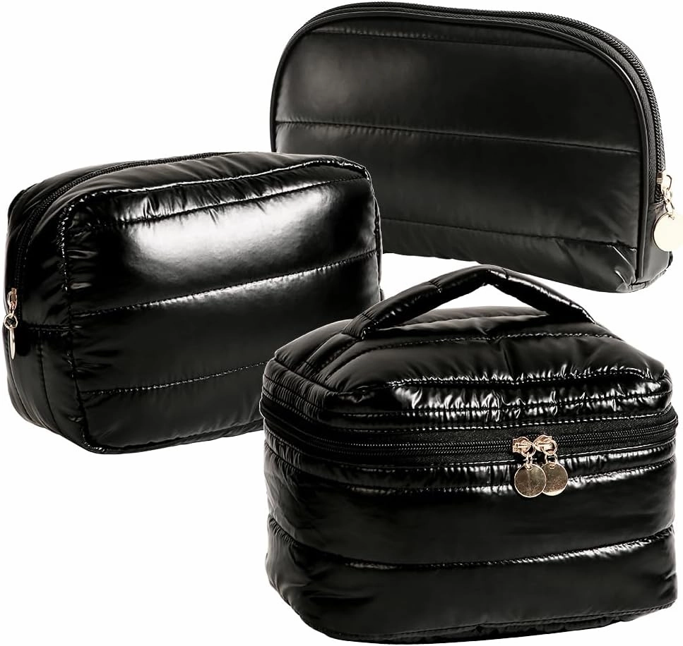 Makeup Bag 3 Pcs Cosmetic Bags Set, PU Striped Leather Toiletry Bag, Portable Waterproof Travel Makeup Organizer, Cute Make up Bags for Women and Girls