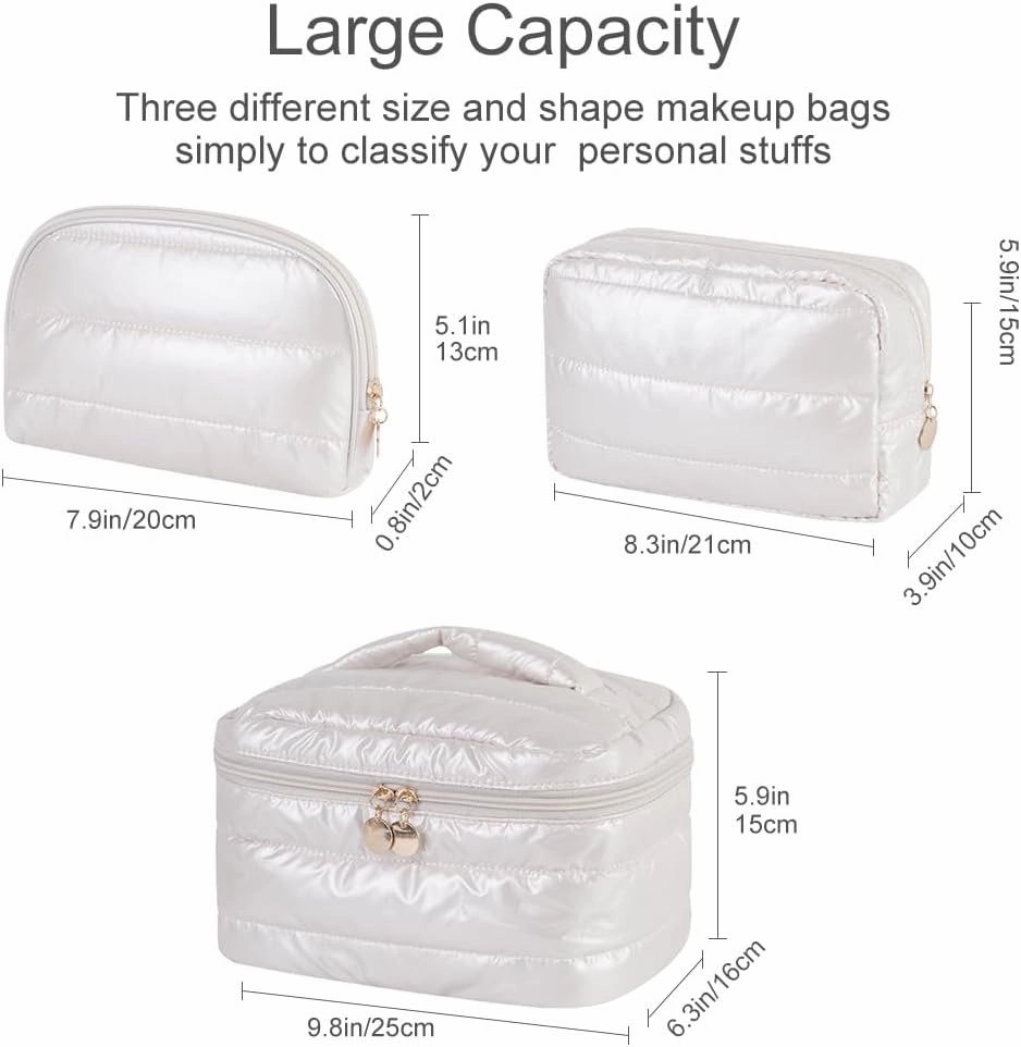 Makeup Bag 3 Pcs Cosmetic Bags Set, PU Striped Leather Toiletry Bag, Portable Waterproof Travel Makeup Organizer, Cute Make up Bags for Women and Girls