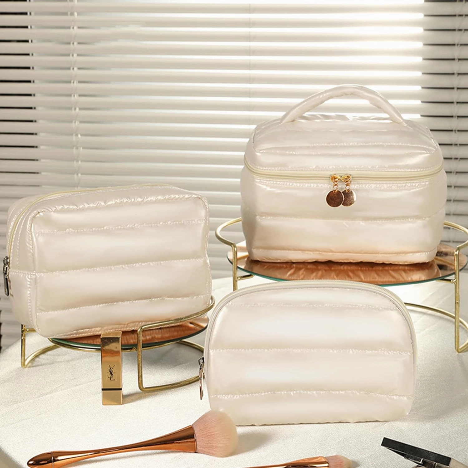 Makeup Bag 3 Pcs Cosmetic Bags Set, PU Striped Leather Toiletry Bag, Portable Waterproof Travel Makeup Organizer, Cute Make up Bags for Women and Girls