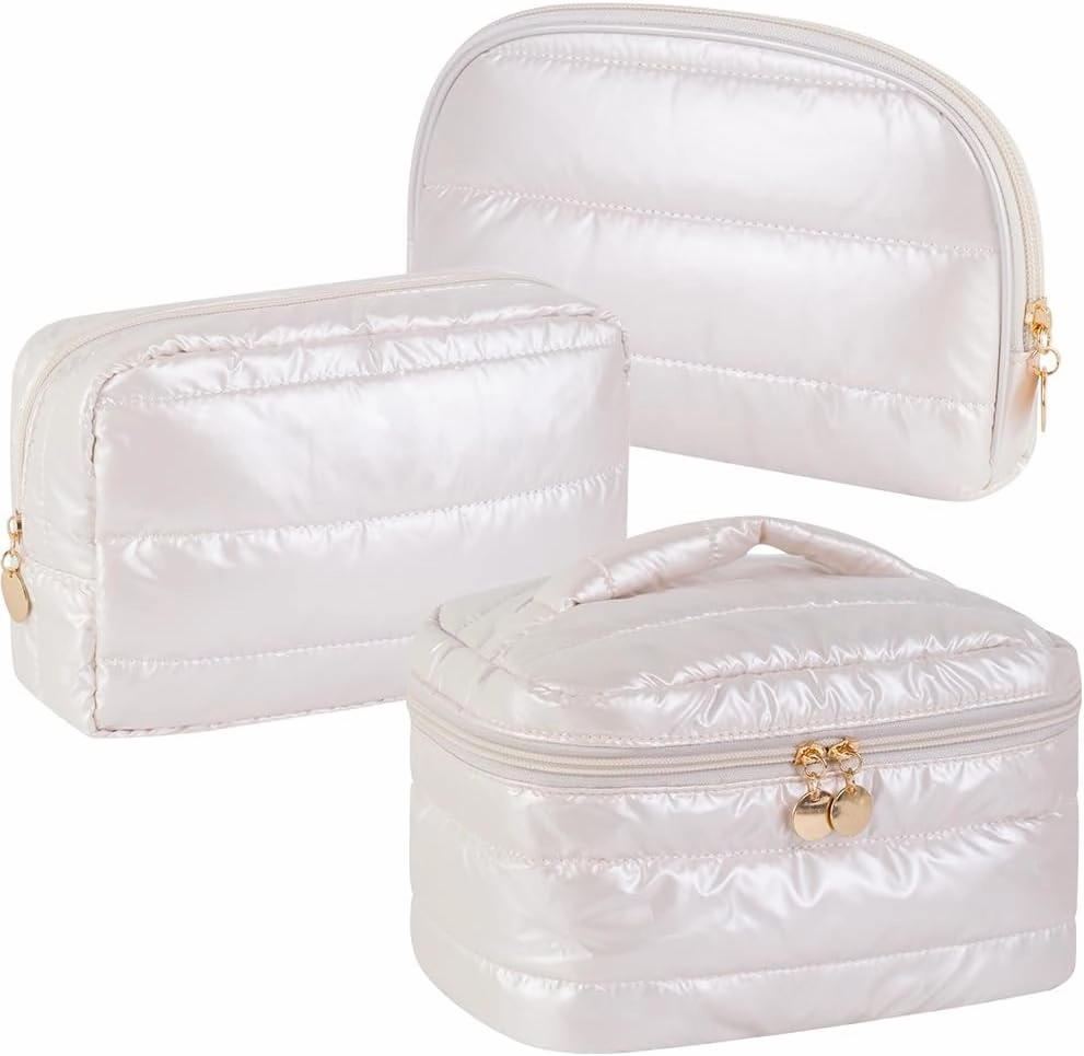 Makeup Bag 3 Pcs Cosmetic Bags Set, PU Striped Leather Toiletry Bag, Portable Waterproof Travel Makeup Organizer, Cute Make up Bags for Women and Girls