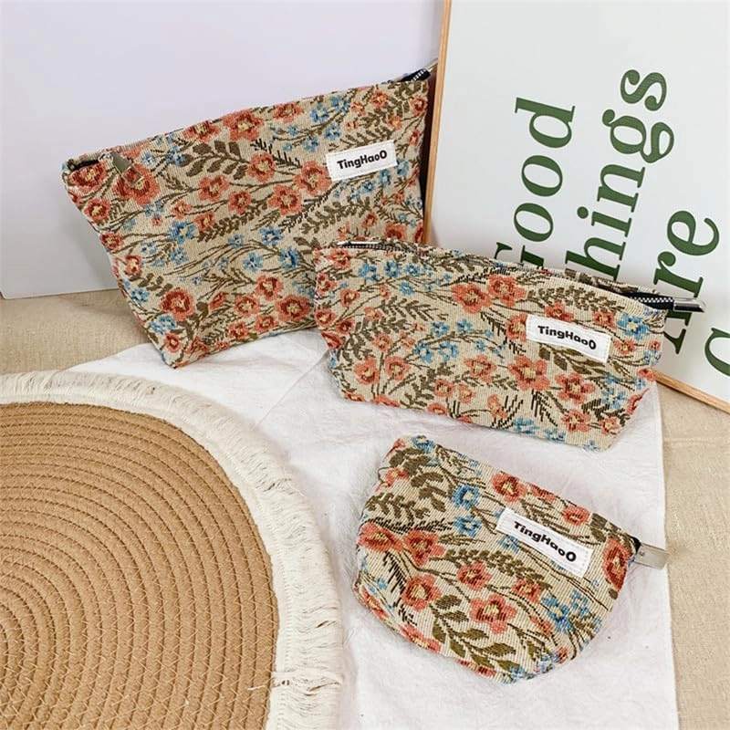 Makeup Bag for Women Portable Make up Purse with Zipper Make Up Pouch Floral Cosmetic Case for Travel Accessories (3 Pics)