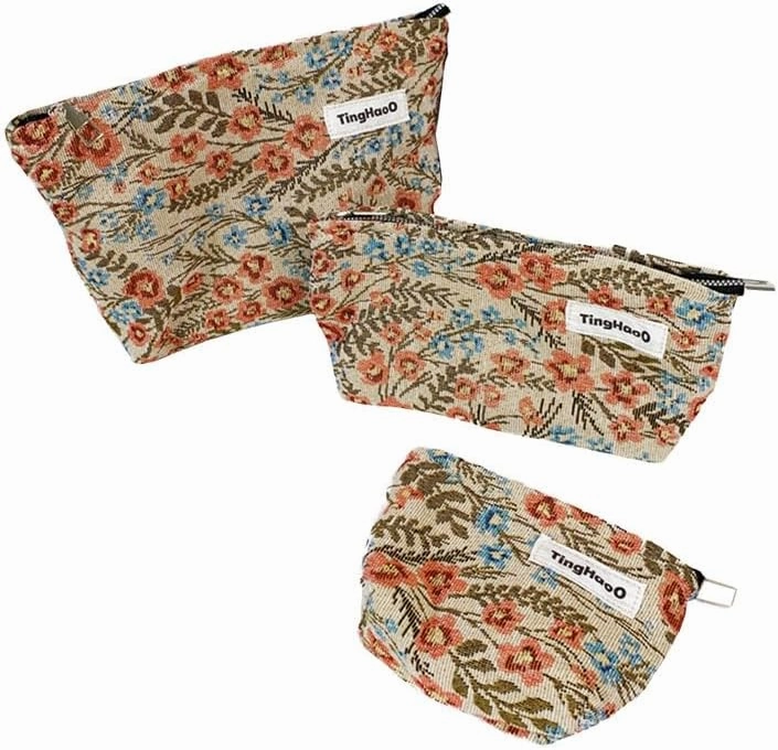 Makeup Bag for Women Portable Make up Purse with Zipper Make Up Pouch Floral Cosmetic Case for Travel Accessories (3 Pics)