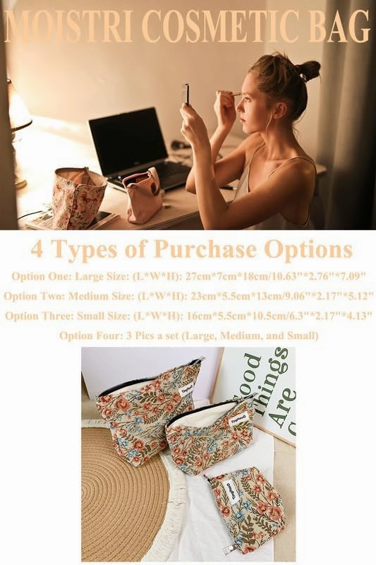 Makeup Bag for Women Portable Make up Purse with Zipper Make Up Pouch Floral Cosmetic Case for Travel Accessories (3 Pics)
