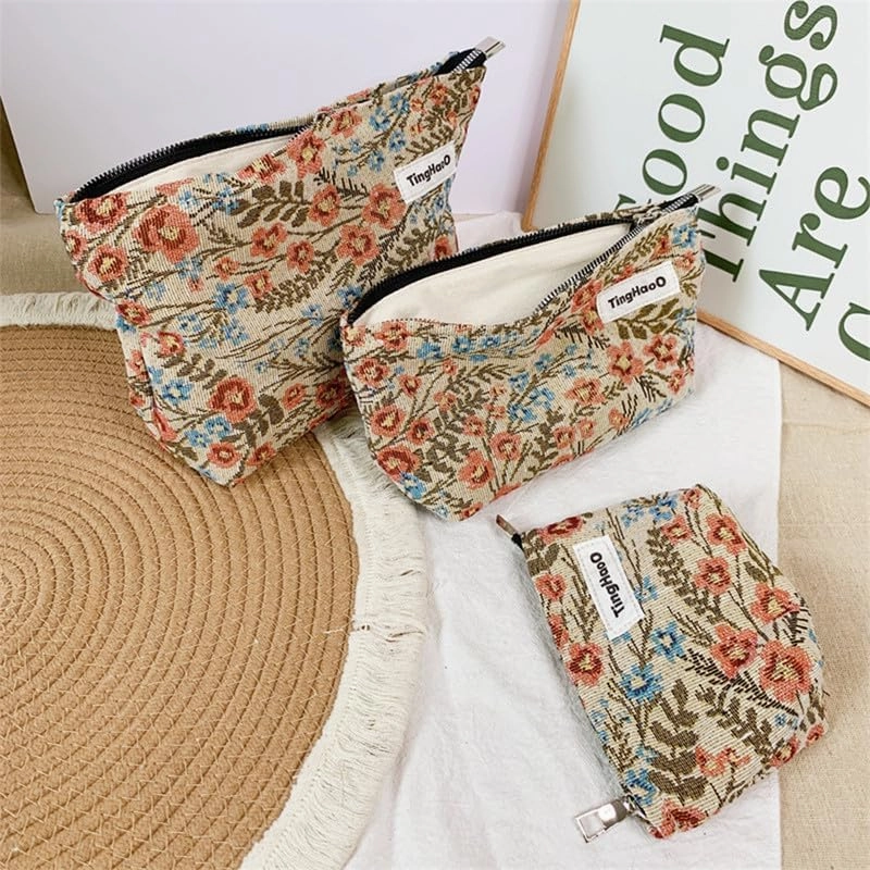Makeup Bag for Women Portable Make up Purse with Zipper Make Up Pouch Floral Cosmetic Case for Travel Accessories (3 Pics)