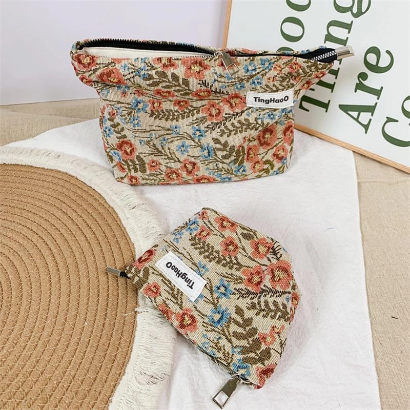 Makeup Bag for Women Portable Make up Purse with Zipper Make Up Pouch Floral Cosmetic Case for Travel Accessories (3 Pics)