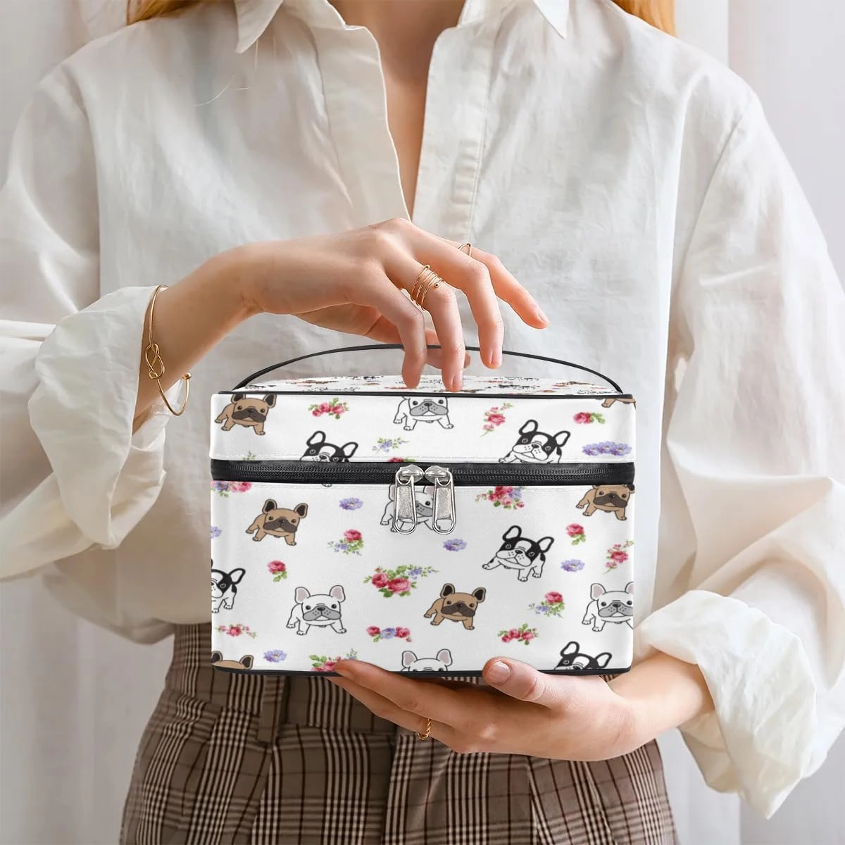 Makeup Bag,French Bulldog Flower Cosmetic Bags for Woman Girls,Portable Large Capacity Travel Makeup Case Organizer Cosmetic Case Travel Essential