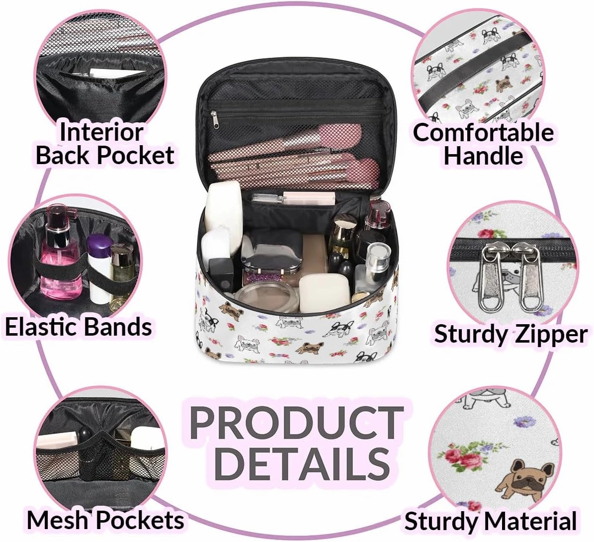 Makeup Bag,French Bulldog Flower Cosmetic Bags for Woman Girls,Portable Large Capacity Travel Makeup Case Organizer Cosmetic Case Travel Essential