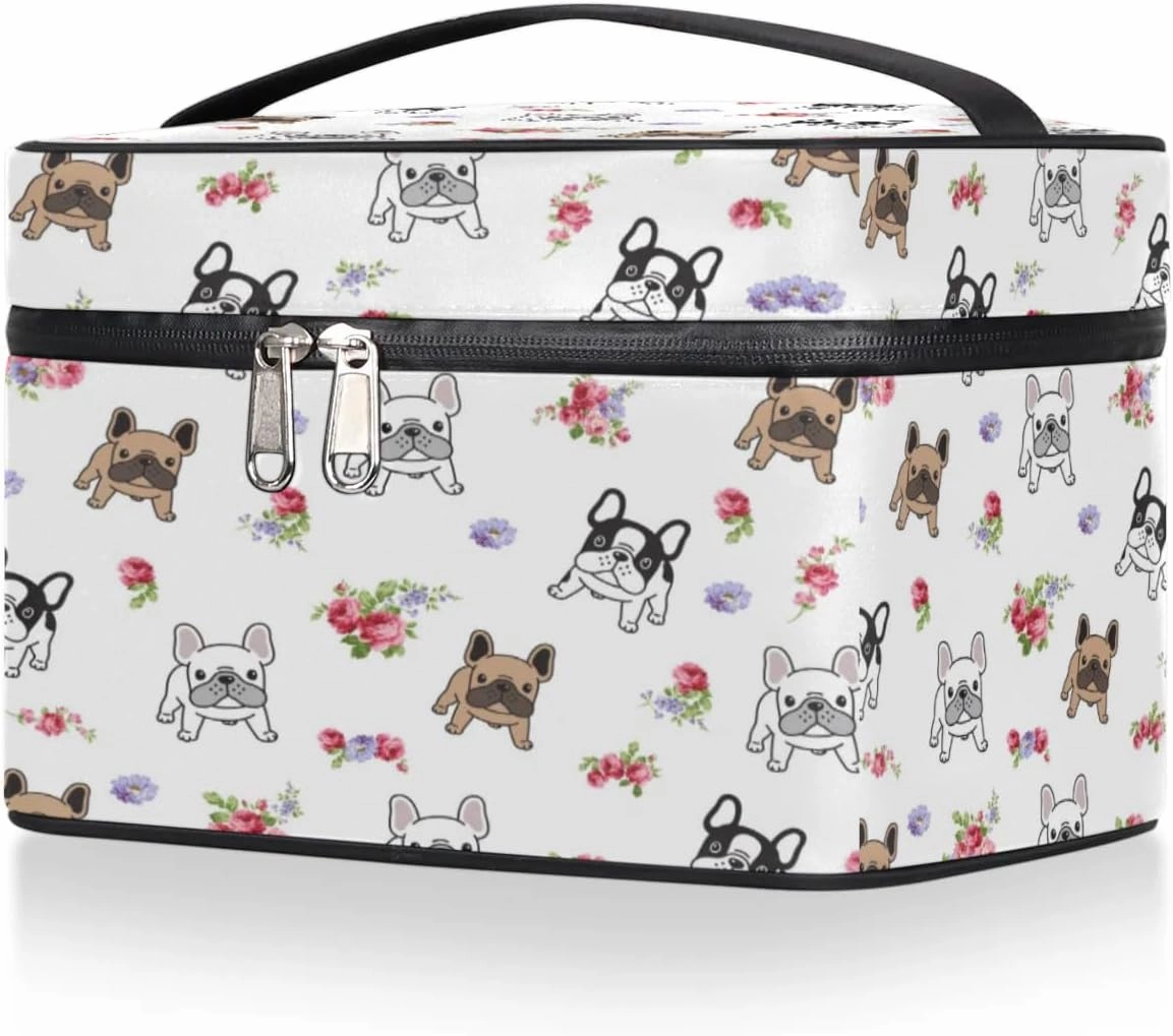Makeup Bag,French Bulldog Flower Cosmetic Bags for Woman Girls,Portable Large Capacity Travel Makeup Case Organizer Cosmetic Case Travel Essential