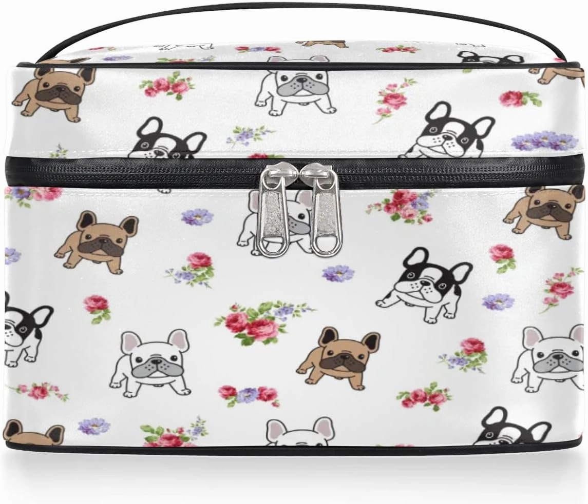 Makeup Bag,French Bulldog Flower Cosmetic Bags for Woman Girls,Portable Large Capacity Travel Makeup Case Organizer Cosmetic Case Travel Essential
