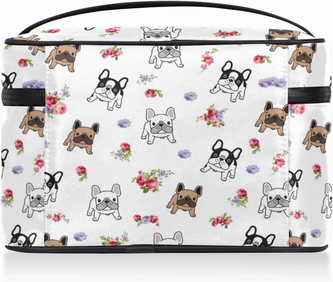 Makeup Bag,French Bulldog Flower Cosmetic Bags for Woman Girls,Portable Large Capacity Travel Makeup Case Organizer Cosmetic Case Travel Essential