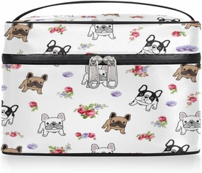 Makeup Bag,French Bulldog Flower Cosmetic Bags for Woman Girls,Portable Large Capacity Travel Makeup Case Organizer Cosmetic Case Travel Essential