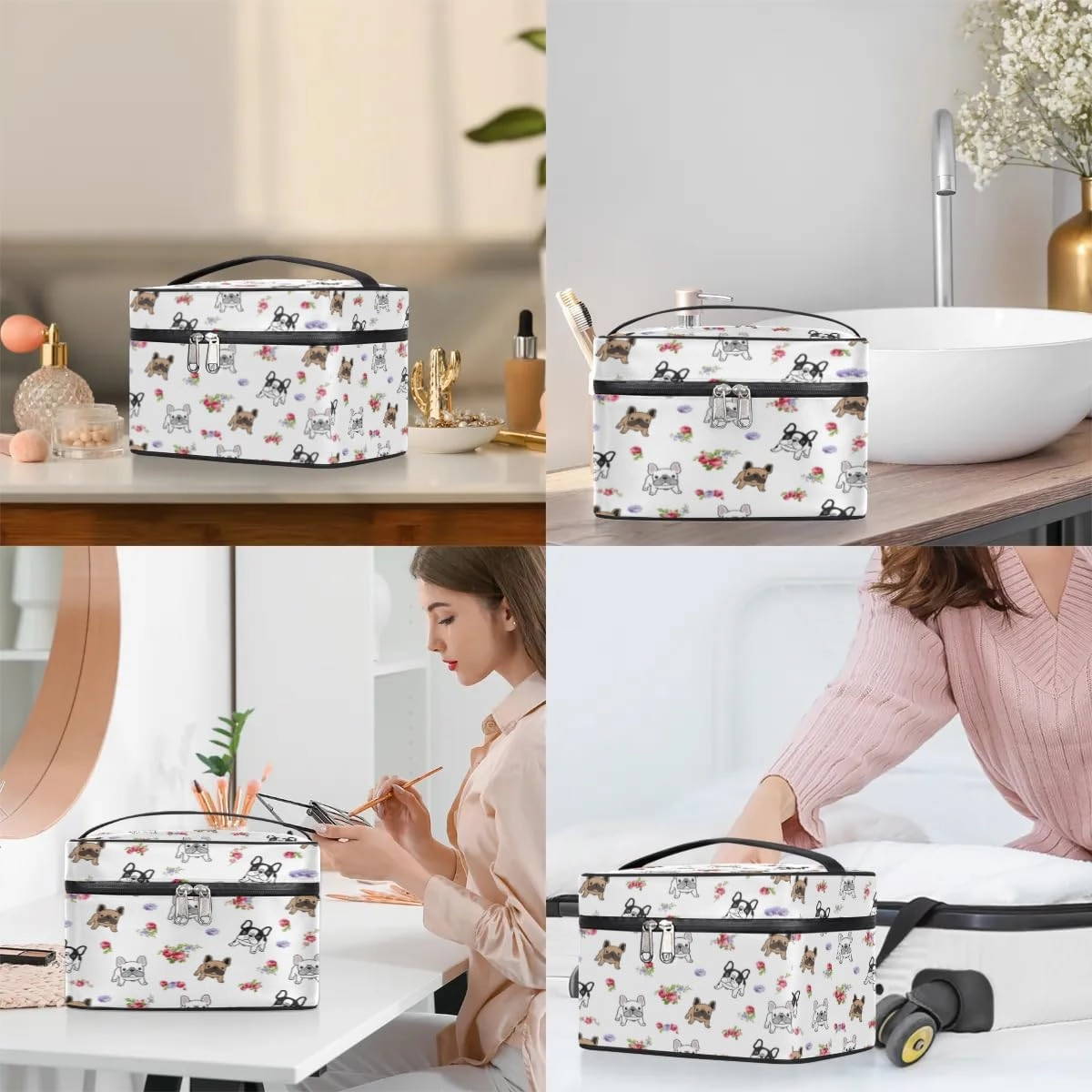 Makeup Bag,French Bulldog Flower Cosmetic Bags for Woman Girls,Portable Large Capacity Travel Makeup Case Organizer Cosmetic Case Travel Essential