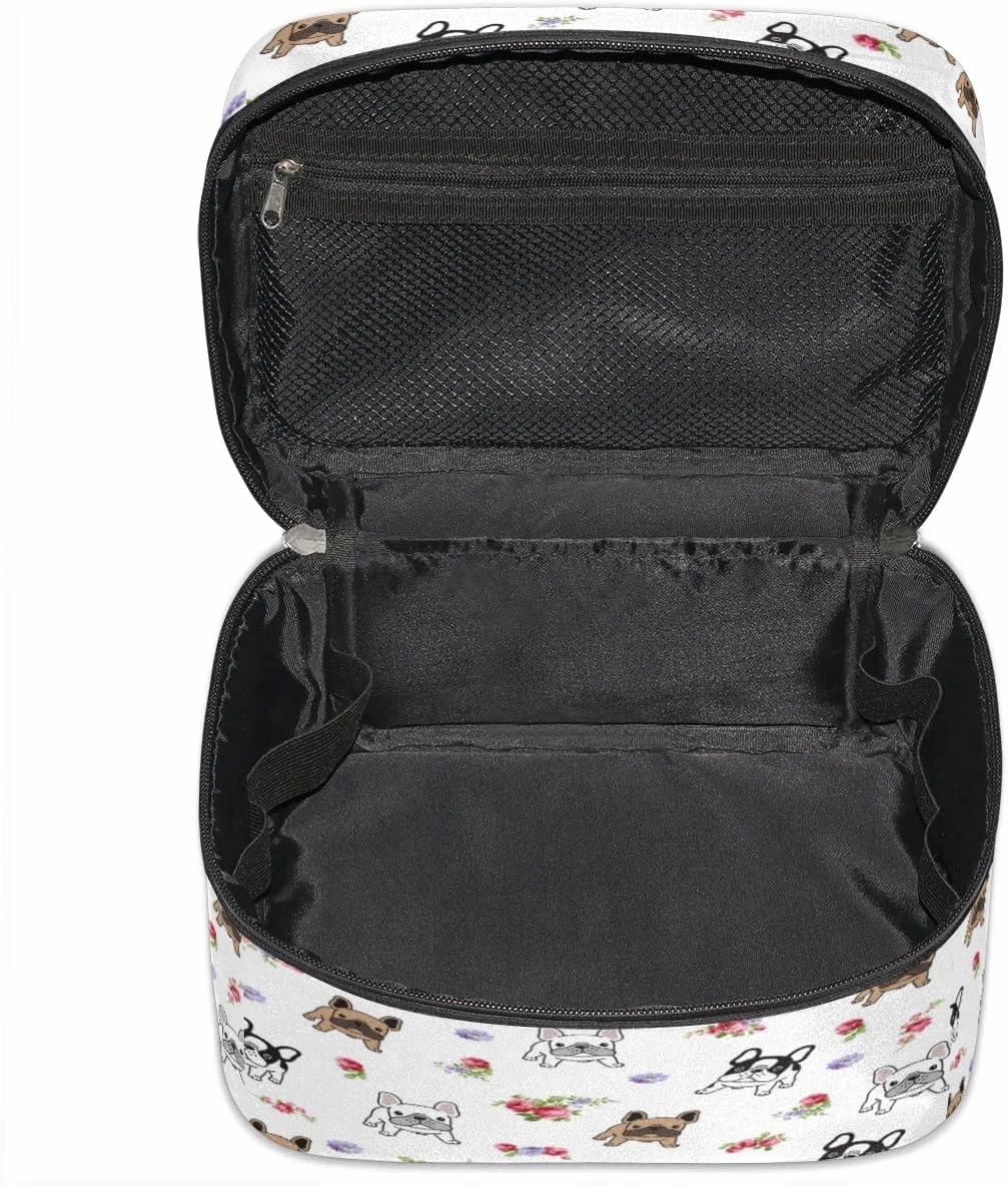 Makeup Bag,French Bulldog Flower Cosmetic Bags for Woman Girls,Portable Large Capacity Travel Makeup Case Organizer Cosmetic Case Travel Essential