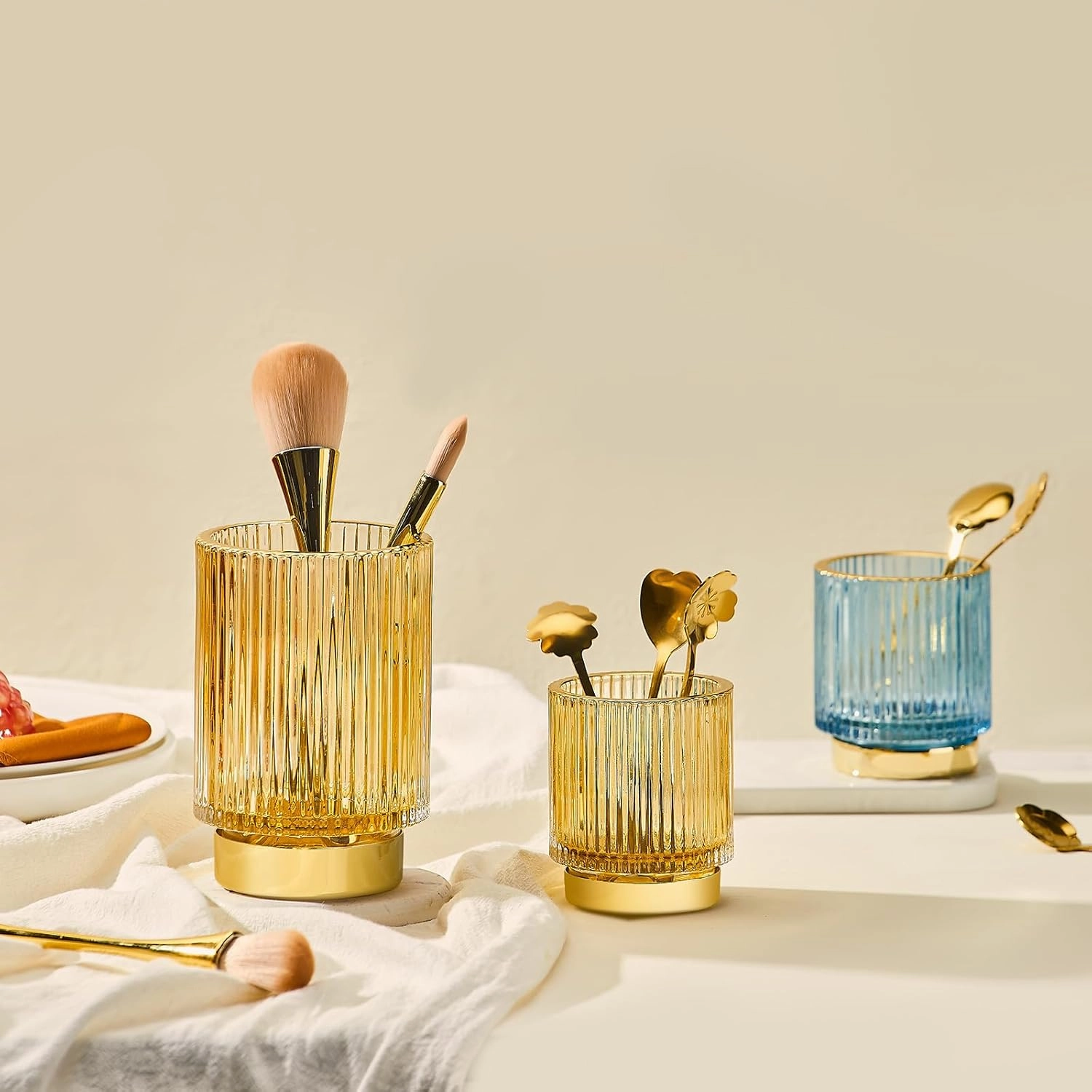 Makeup Brush Holder Organizer,Toothbrush Holders,Desk Pen Pencil Holder,Multifunctional Vintage Glass Brush Cup（S/White/A3-14-US）