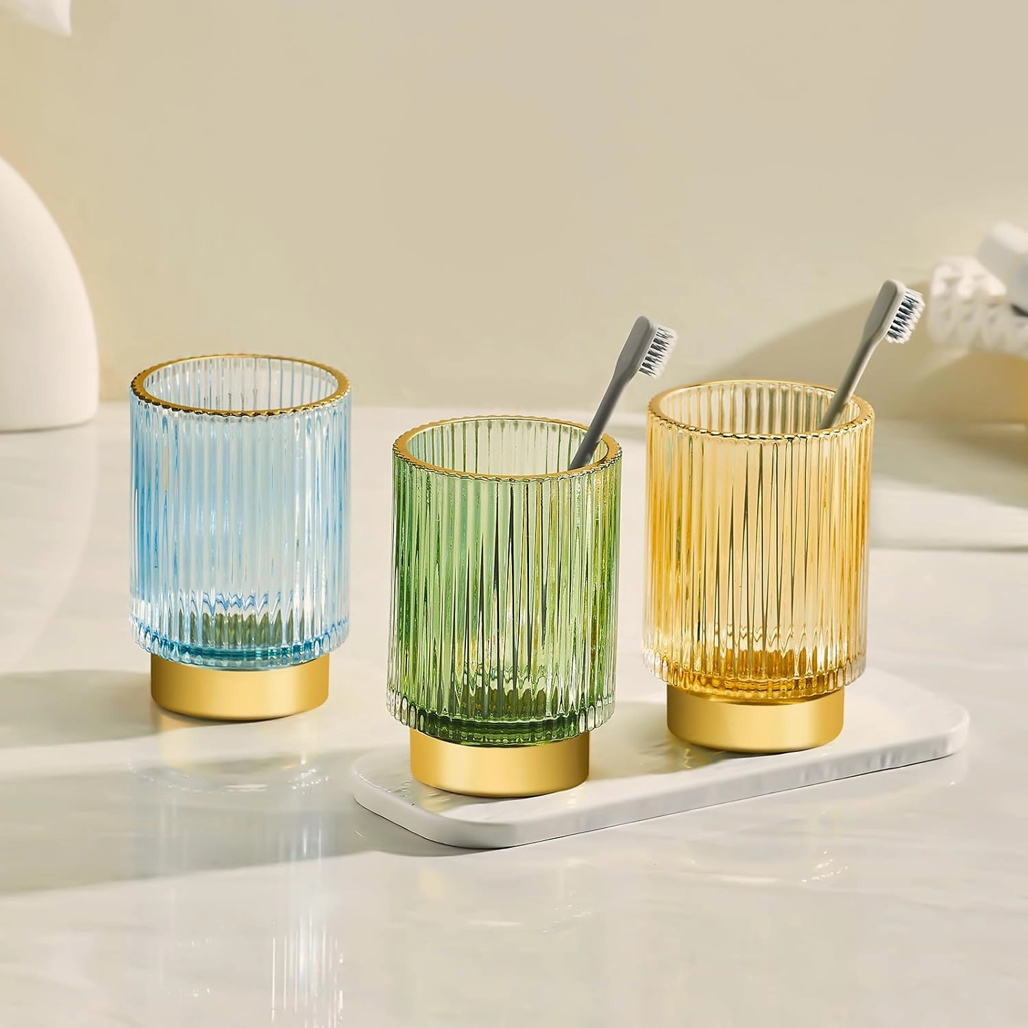 Makeup Brush Holder Organizer,Toothbrush Holders,Desk Pen Pencil Holder,Multifunctional Vintage Glass Brush Cup（S/White/A3-14-US）