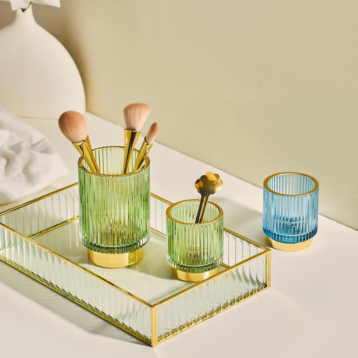 Makeup Brush Holder Organizer,Toothbrush Holders,Desk Pen Pencil Holder,Multifunctional Vintage Glass Brush Cup（S/White/A3-14-US）