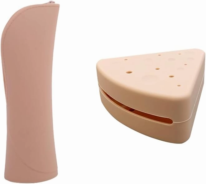 Makeup Brush Holder Travel Makeup Brush Holder, Silicone Case Soft and Sleek,Zippered Pouch Anti-fall Out Portable Silicon Cosmetic Bag, Powder Puff Case, Triangle Beauty Blender Holder (Khaki)