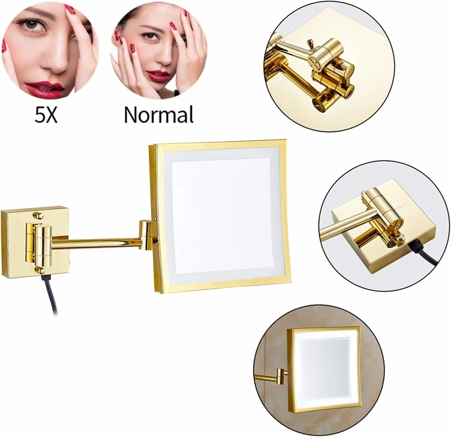 Makeup Mirror with LED Light and Magnification, 8 inch Brass Bathroom Wall-Mounted Shaving Vanity Mirror, 360 Rotation and Extendable Mirror with Plug,Chrome,3X(Gold,5X)