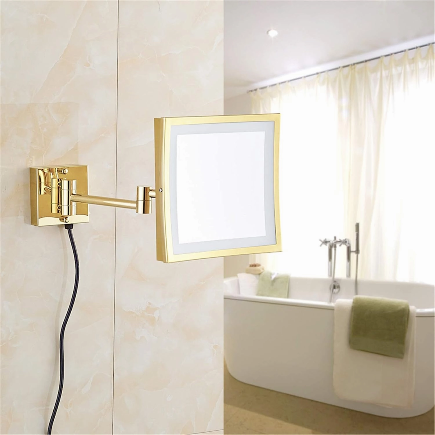 Makeup Mirror with LED Light and Magnification, 8 inch Brass Bathroom Wall-Mounted Shaving Vanity Mirror, 360 Rotation and Extendable Mirror with Plug,Chrome,3X(Gold,5X)