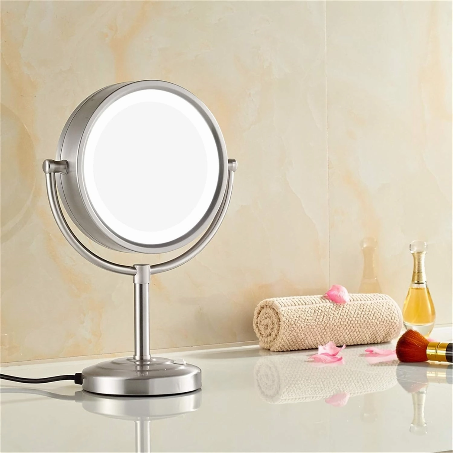 Makeup Mirror with Light and Magnification, 8 Inch Brass Double Sided Countertop Vanity Mirrors, 360° Rotation LED Lighted Cosmetic Mirror,Black,7X(Nickel,3X)