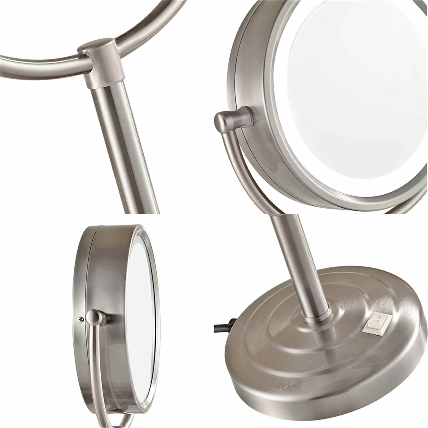 Makeup Mirror with Light and Magnification, 8 Inch Brass Double Sided Countertop Vanity Mirrors, 360° Rotation LED Lighted Cosmetic Mirror,Black,7X(Nickel,3X)