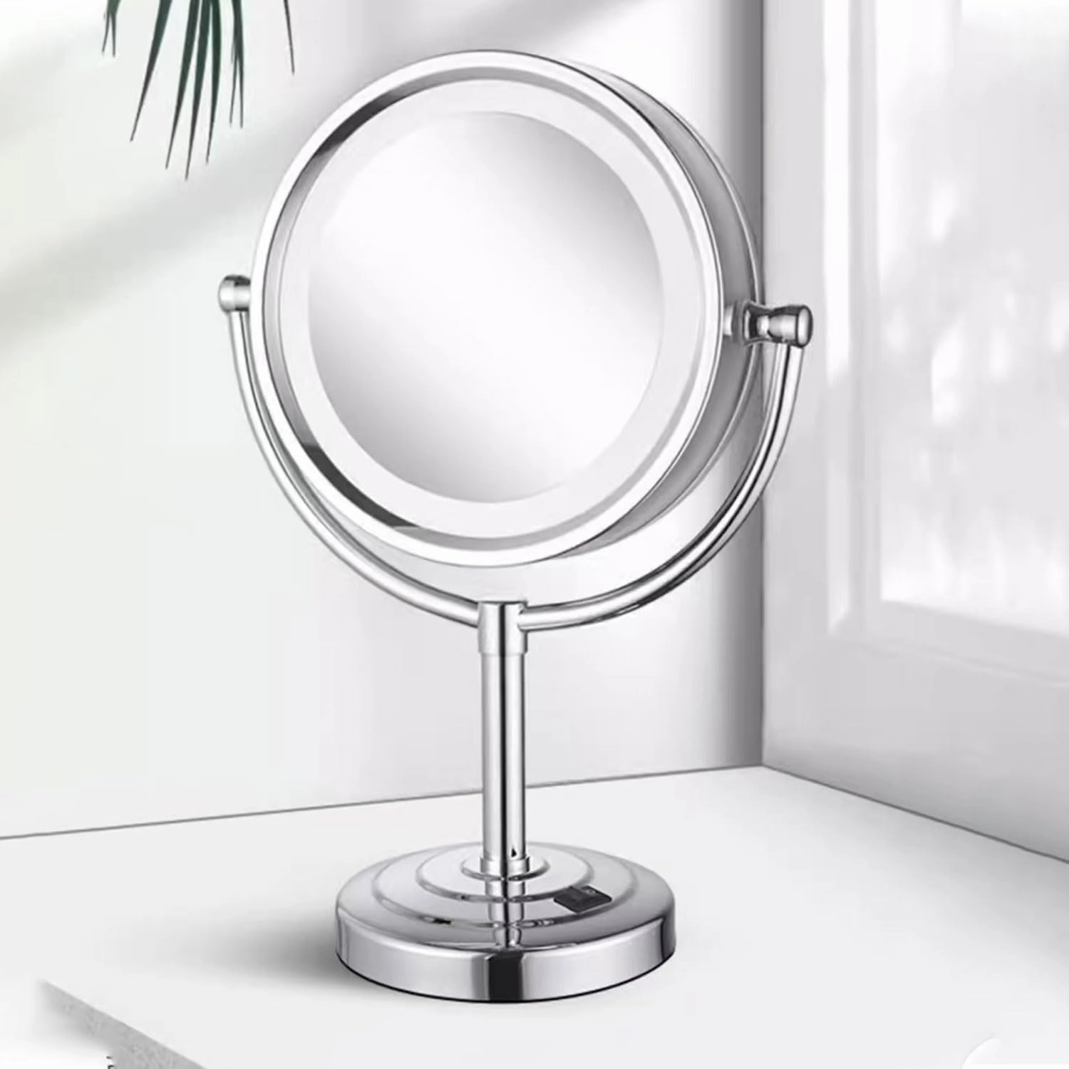 Makeup Mirror with Lights, 8 Inch Brass Double-Sided LED Mirror, Magnification Countertop Vanity Mirrors, 360° Rotation Illuminated Cosmetic Mirror,10X,Nickel