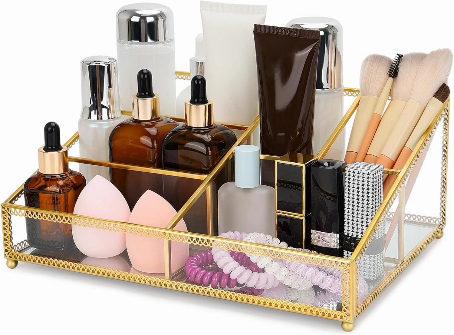 Makeup Organizer with 6 Sections, Make Up Holders and Organizers for Brushes, Make Up, Perfume, Makeup Holder for Desk, Bathroom, Vanity, Gold