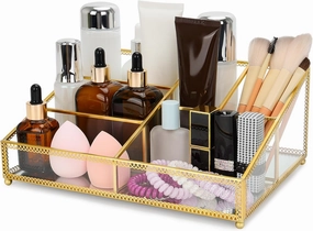 Makeup Organizer with 6 Sections, Make Up Holders and Organizers for Brushes, Make Up, Perfume, Makeup Holder for Desk, Bathroom, Vanity, Gold