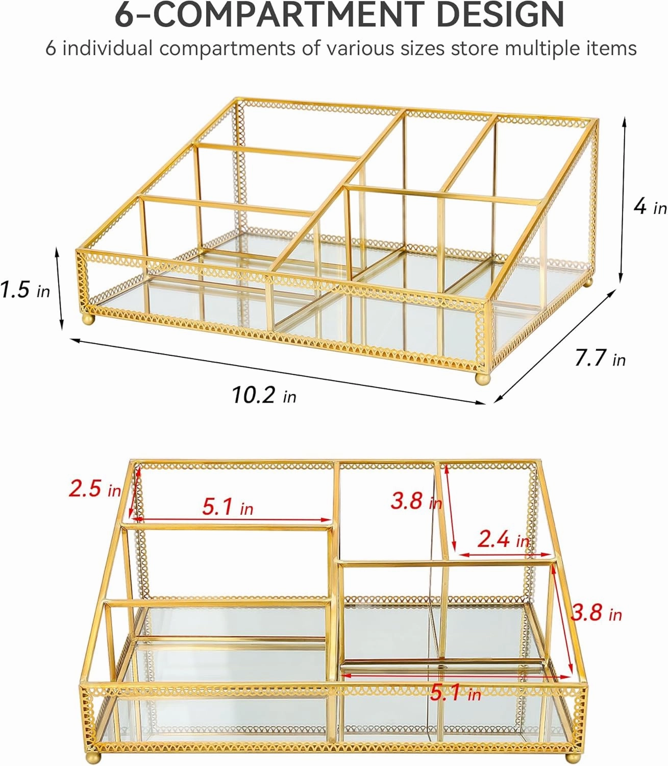 Makeup Organizer with 6 Sections, Make Up Holders and Organizers for Brushes, Make Up, Perfume, Makeup Holder for Desk, Bathroom, Vanity, Gold